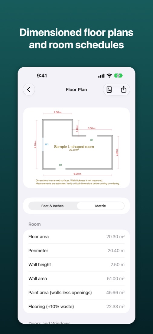 A dimensioned floor plan with its room schedule